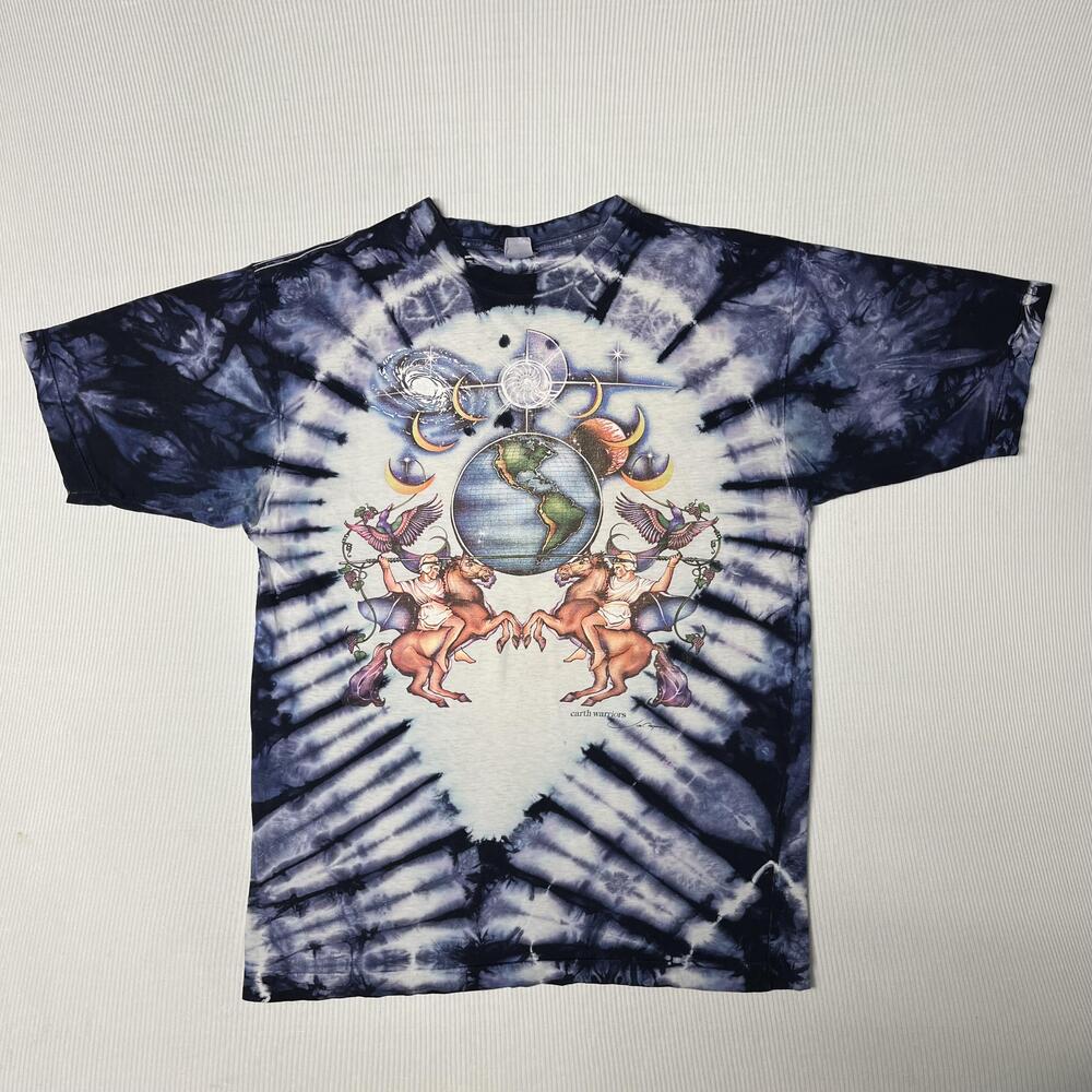 Vintage 90s Earth Warriors Horse Shirt Mens Blue Tie Dye Cosmic Graphic Tee 80s